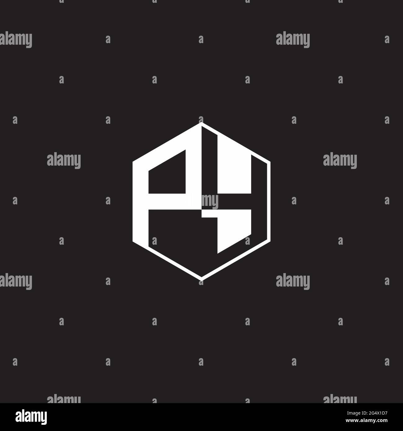 Logo PY esagonale monogramma con sfondo nero stile spazio negativo Illustrazione Vettoriale