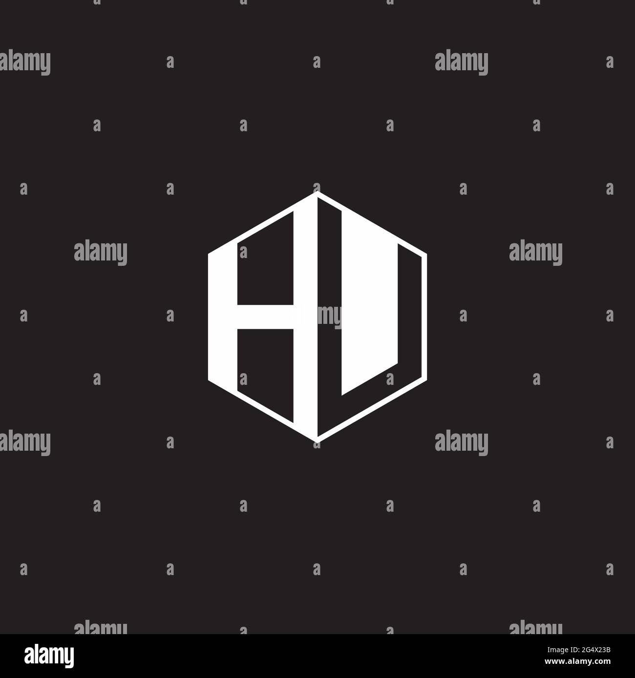 HU H U U UH Logo monogramma esagonale con sfondo nero stile spazio negativo Illustrazione Vettoriale