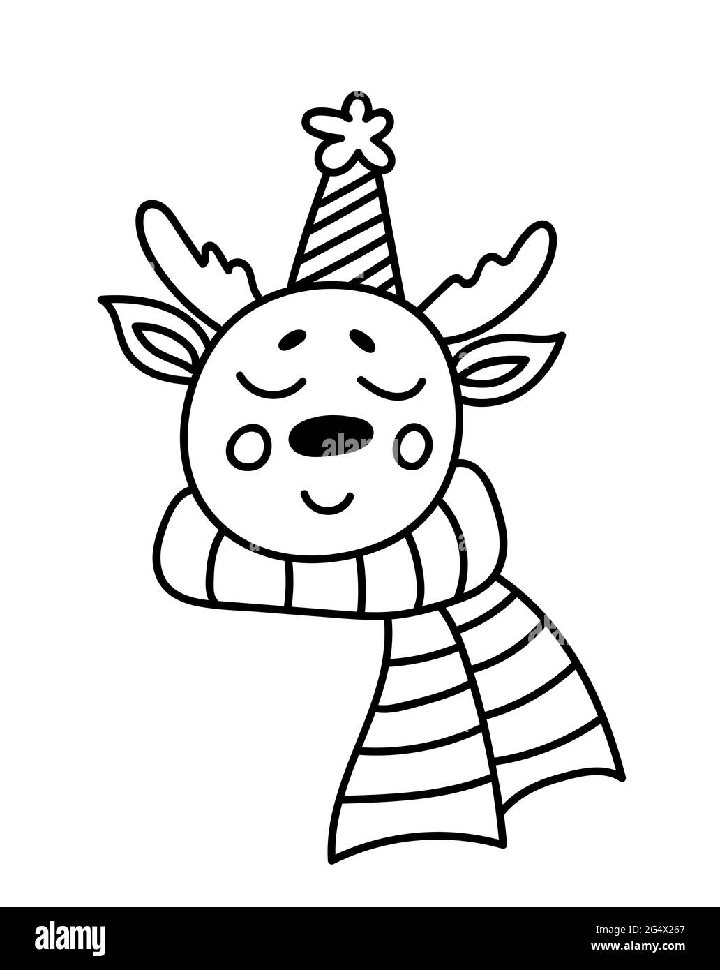 Carino cervo sorridente in un cappello festivo con un pompon e una sciarpa isolato su sfondo bianco. Illustrazione vettoriale disegnata a mano in stile doodle. Perfetto per carte, decorazioni, disegni per le vacanze. Illustrazione Vettoriale Carino cervo sorridente in un cappello festivo con un pompon e una sciarpa isolato su sfondo bianco. Illustrazione vettoriale disegnata a mano in stile doodle. Perfetto per carte, decorazioni, disegni per le vacanze. Illustrazione Vettoriale
