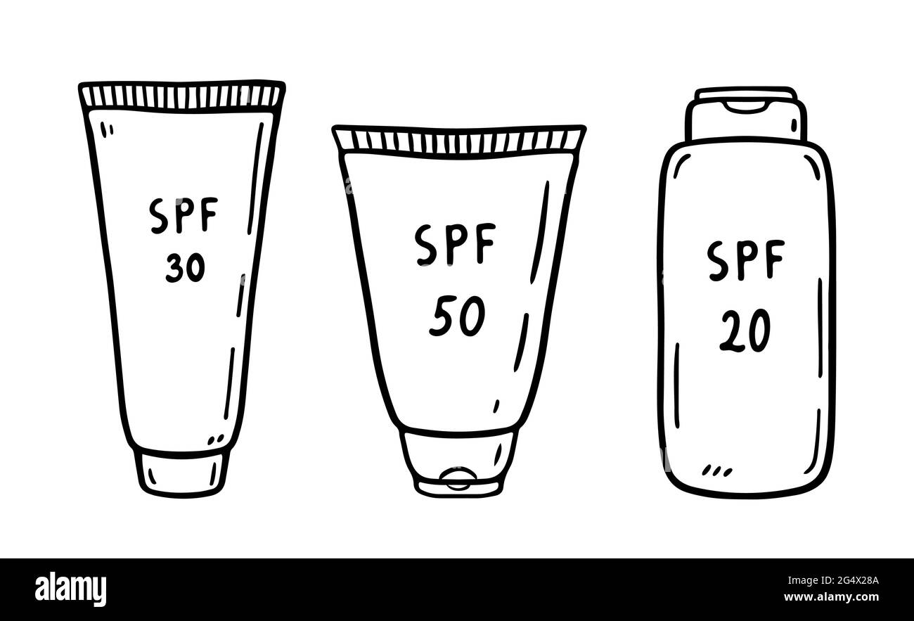 Set di tubi di protezione solare isolati su sfondo bianco. Lozioni 20, 30, 50 SPF per la protezione dalla luce ultravioletta. Illustrazione vettoriale disegnata a mano in stile doodle. Perfetto per carte, logo. Illustrazione Vettoriale