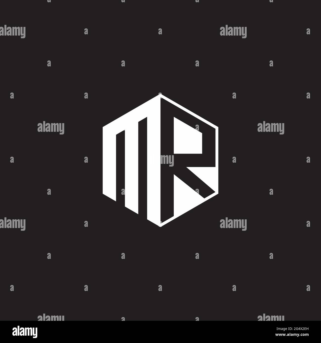 MR M R RM Logo monogramma esagonale con sfondo nero stile spazio negativo Illustrazione Vettoriale