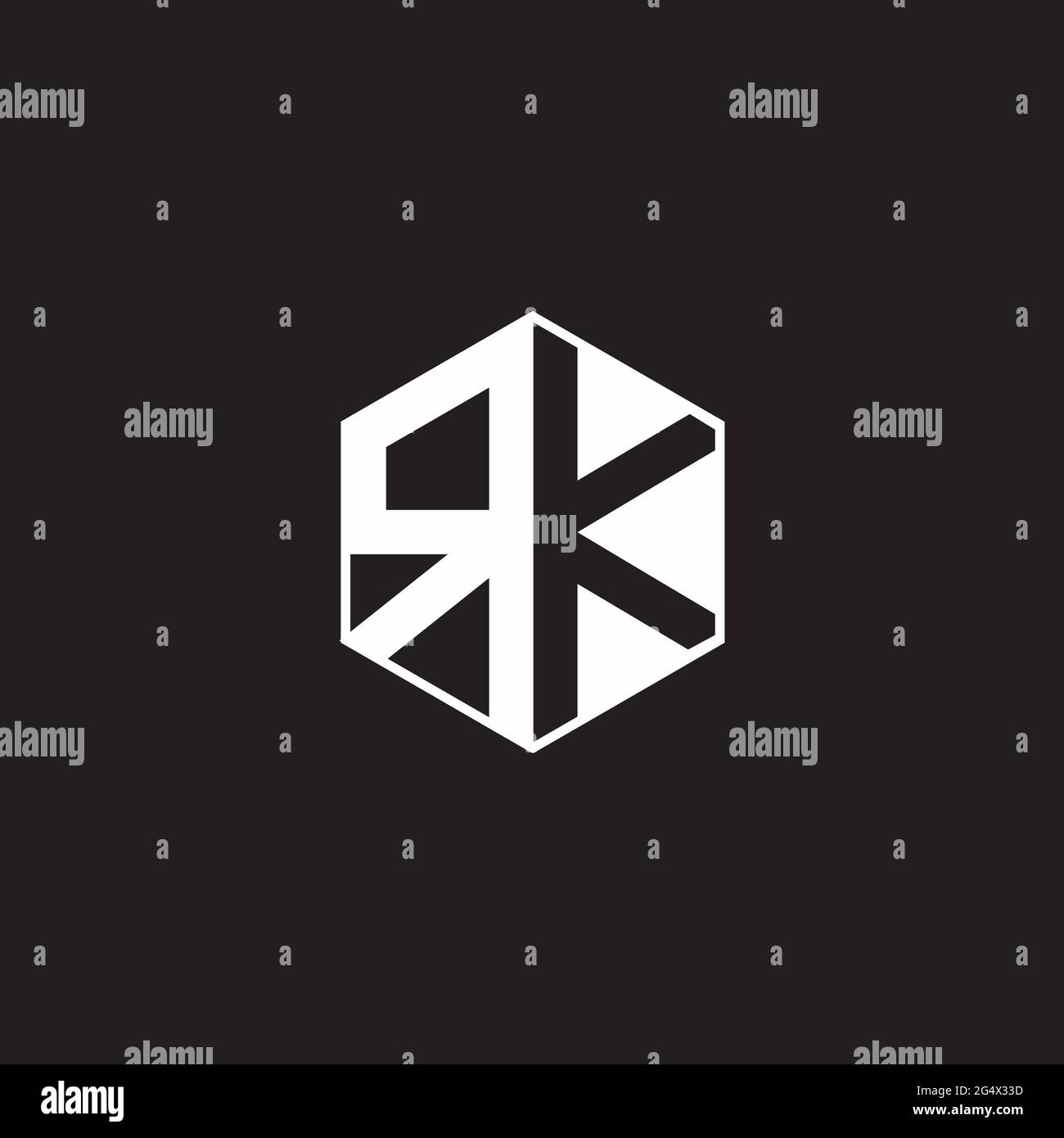 RK R K KR Logo esagonale monogramma con sfondo nero stile spazio negativo Illustrazione Vettoriale