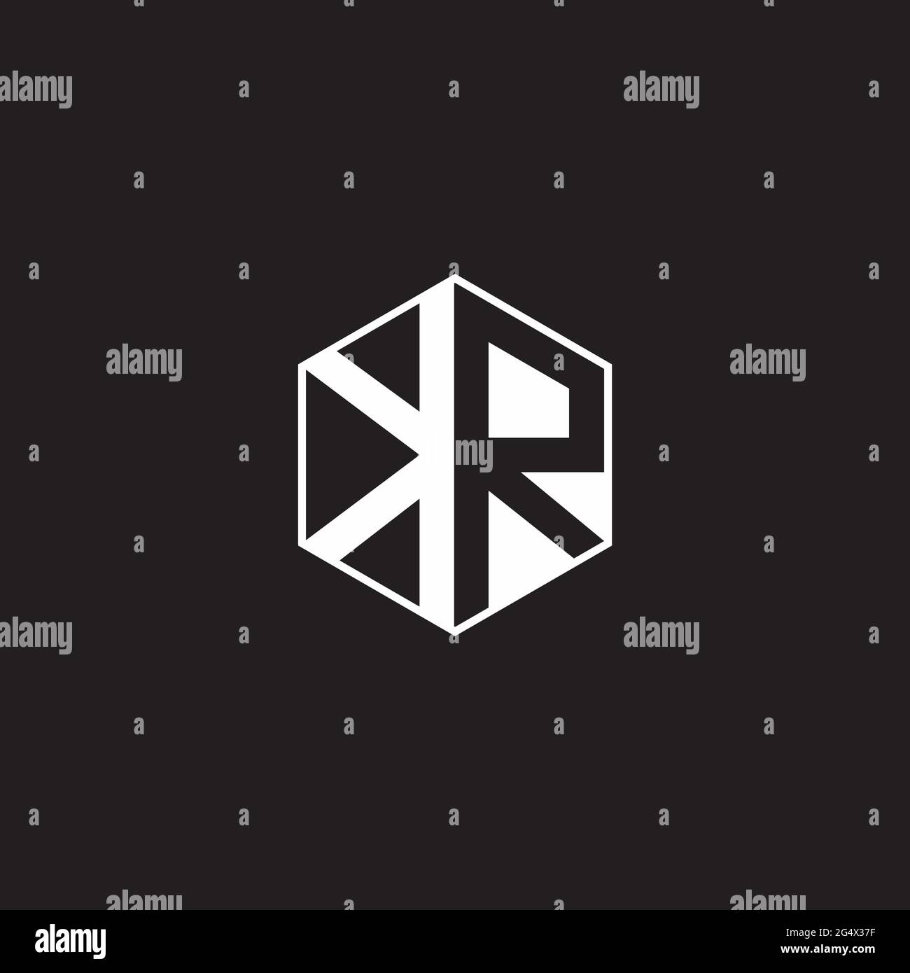 KR K R RK esagonale monogramma con logo e sfondo nero stile spazio negativo Illustrazione Vettoriale