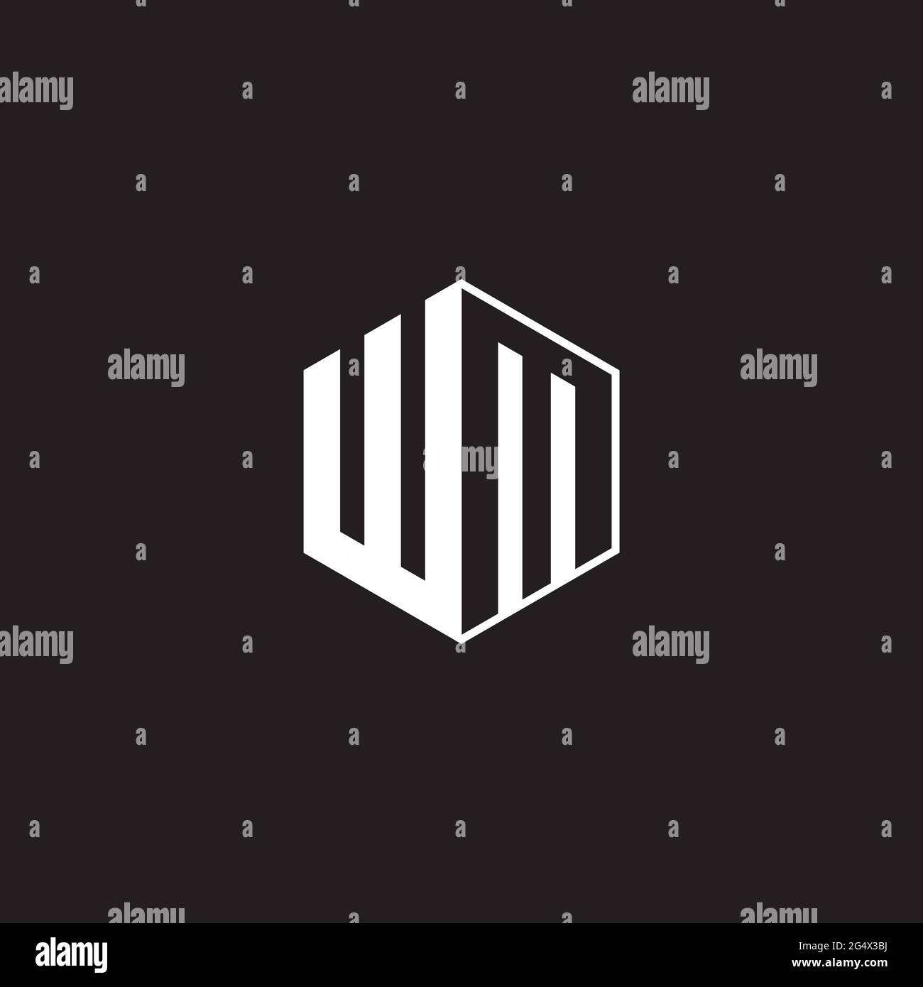 WM W M MW Logo monogramma esagonale con sfondo nero negativo stile spazio Illustrazione Vettoriale