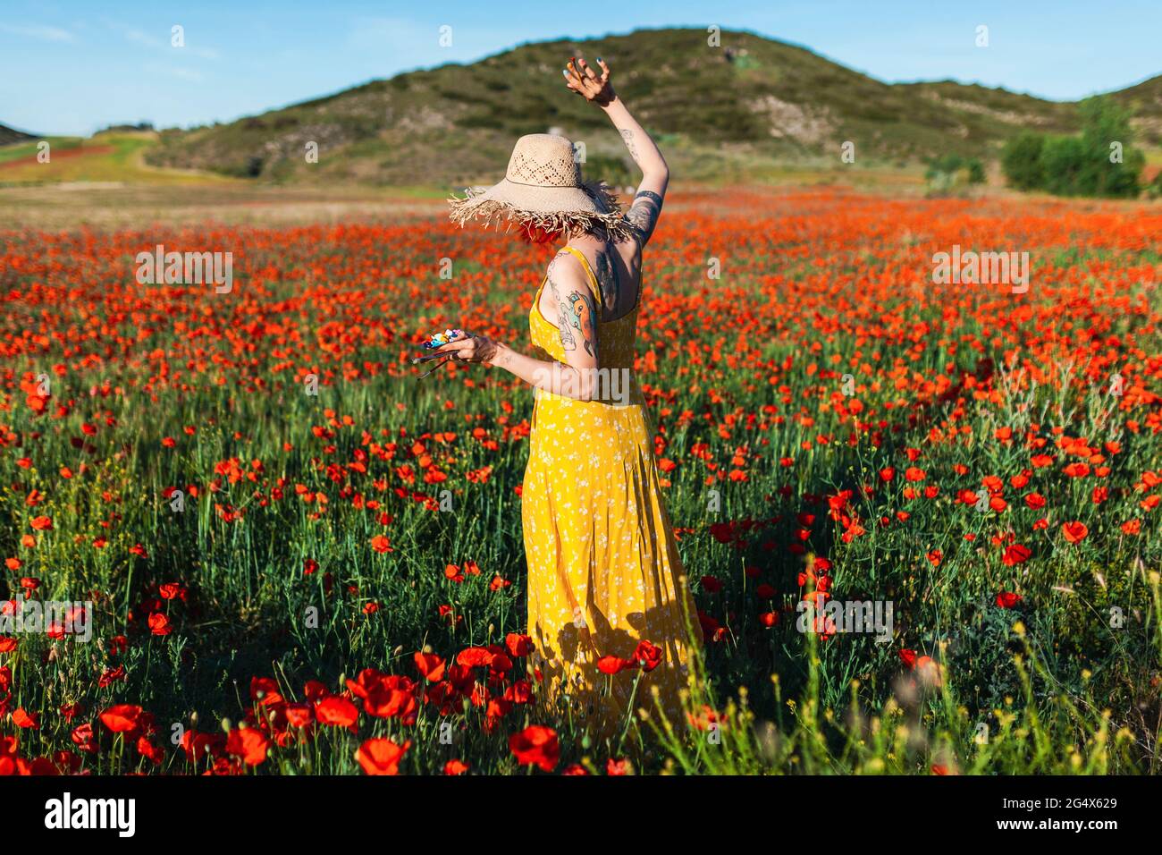 Donna mid adulta in piedi tra fiori di papavero rosso in giornata di sole Foto Stock