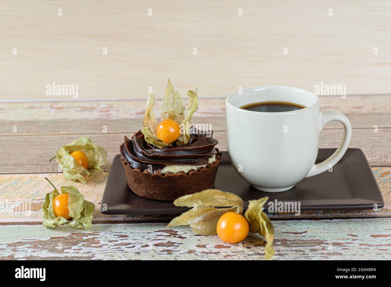 Mini torta con crema di mascarpone e ganache al cioccolato, decorata con physalis, accanto ad una tazza di caffè (vista laterale). Foto Stock