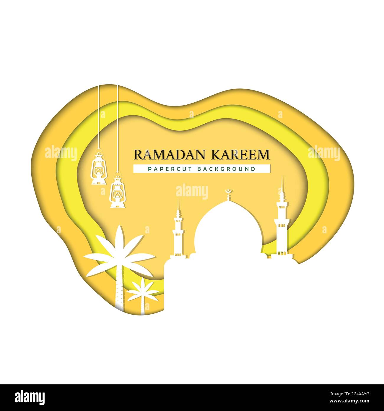 Taglio di carta Ramadan Kareem sfondo giallo islamico Illustrazione Vettoriale