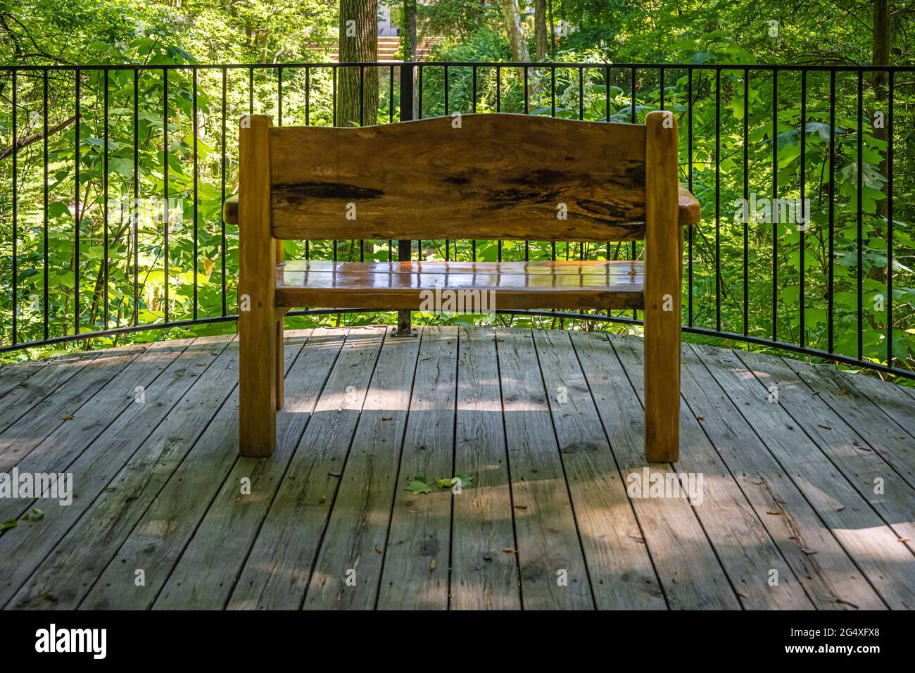 Panca di legno su una piattaforma di osservazione nei Giardini Goizueta dell'Atlanta History Center a Buckhead, Atlanta, Georgia. (STATI UNITI) Foto Stock