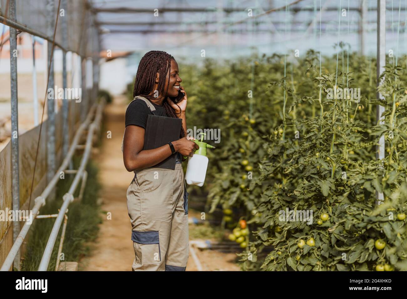 Agricoltore femminile con irroratrice di colture che parla su smartphone a Greenhouse Foto Stock
