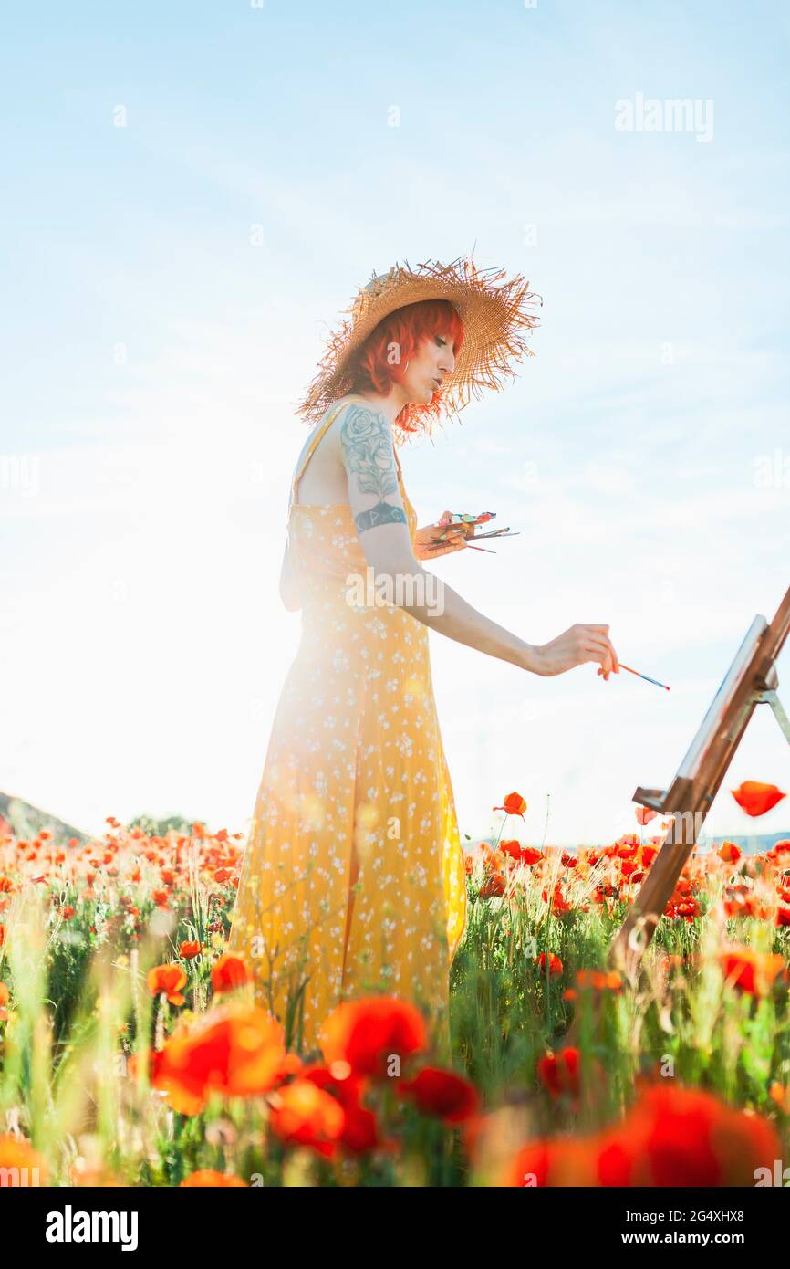 Donna mid adulta in paglia cappello pittura su tela durante il giorno di sole Foto Stock