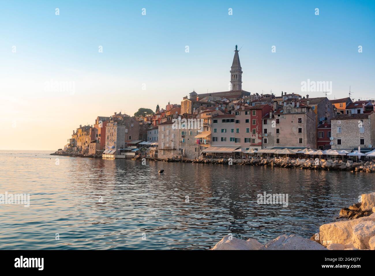Croazia, Istria County, Rovigno, Costa della città costiera nel tardo pomeriggio estivo Foto Stock