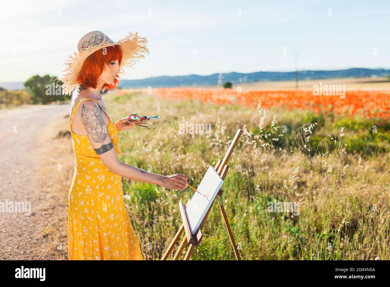 Donna tatuata pittura sul campo il giorno di sole Foto Stock