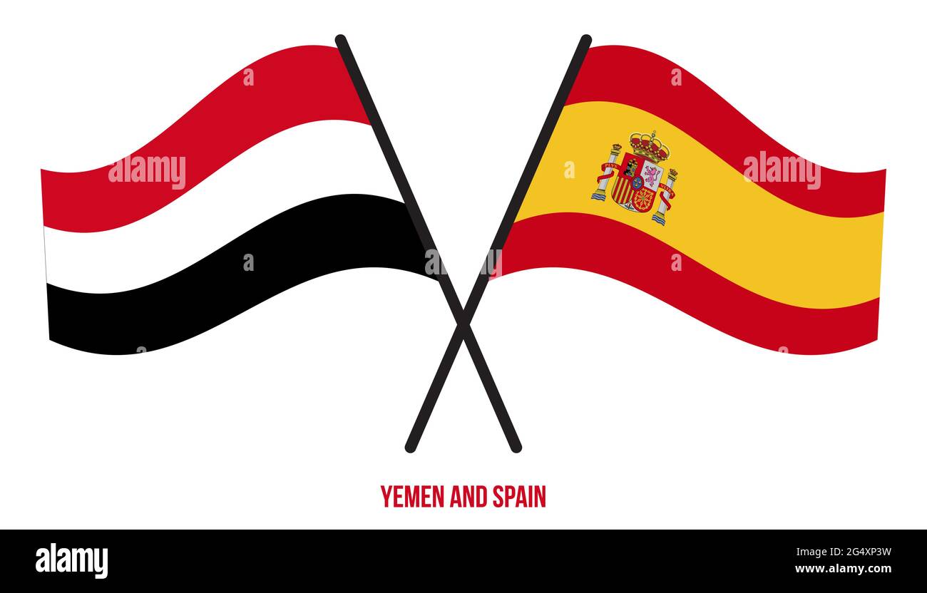 Yemen e Spagna Bandiere incrociate e ondulate stile piatto. Proporzione ufficiale. Colori corretti. Illustrazione Vettoriale