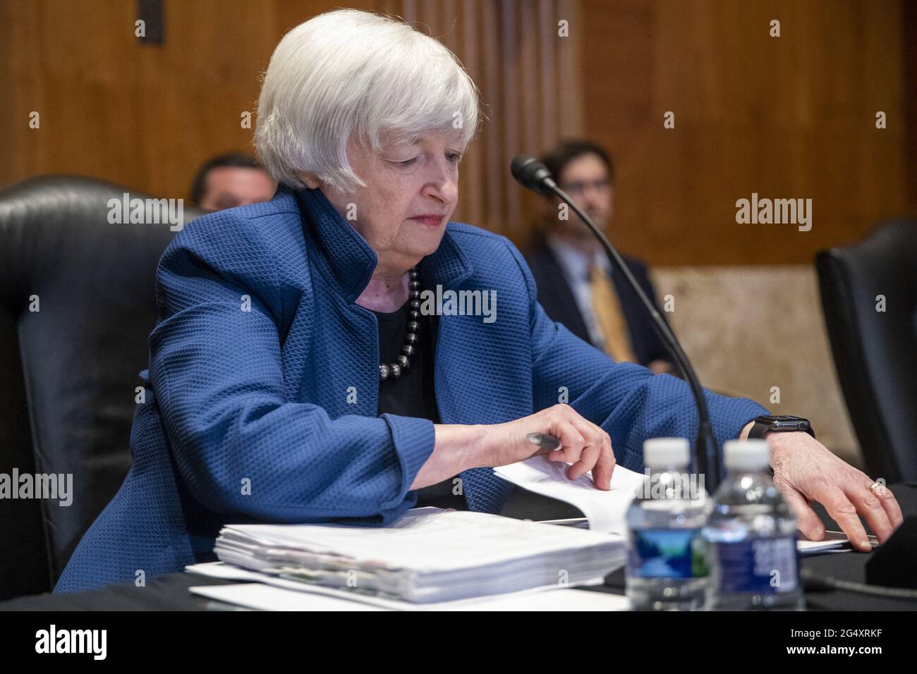 Il Segretario DEL Tesoro DEGLI STATI UNITI Janet Yellen testimonia durante un'audizione della sottocommissione per gli stanziamenti del Senato per esaminare la richiesta di bilancio dell'anno fiscale 2022 per il Dipartimento del Tesoro di Capitol Hill, a Washington, DC, USA, il 23 giugno; 2021. Foto di Shawn Thew/Pool/ABACAPRESS.COM Foto Stock