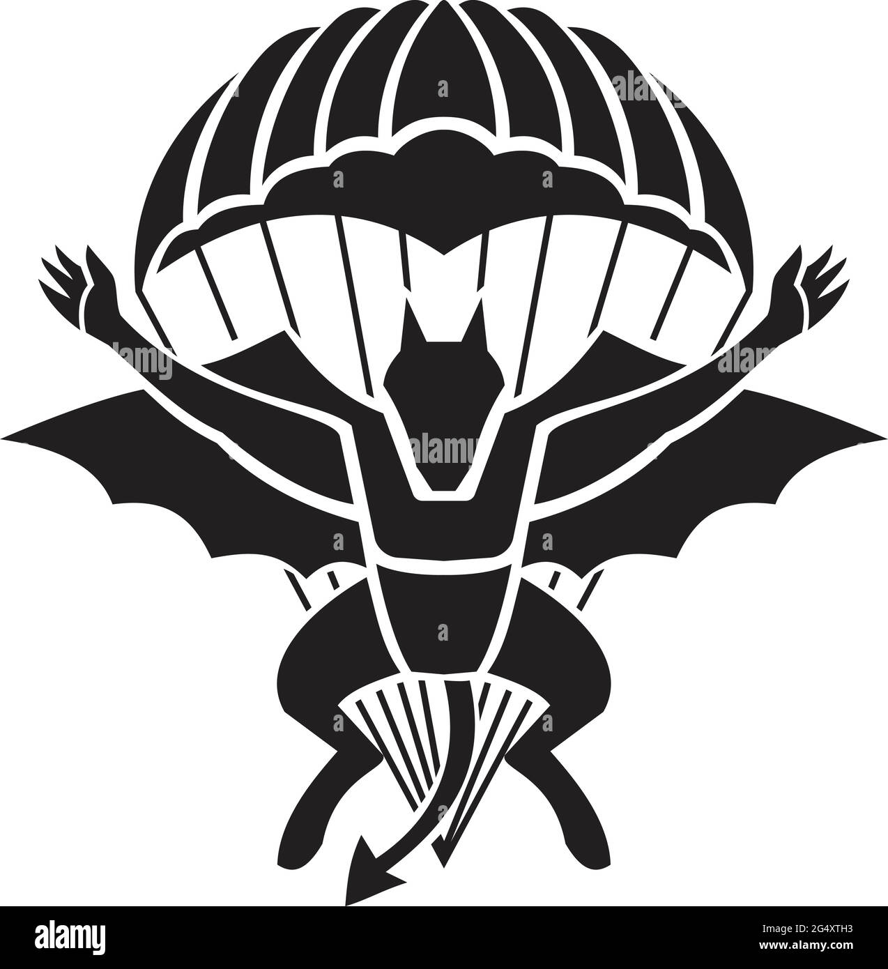 Immagine del badge militare del reggimento di paracadute Red Devils Free Fall Team che mostra un demone, diavolo o pipistrello con paracadute che salta la vista frontale su isolato Illustrazione Vettoriale