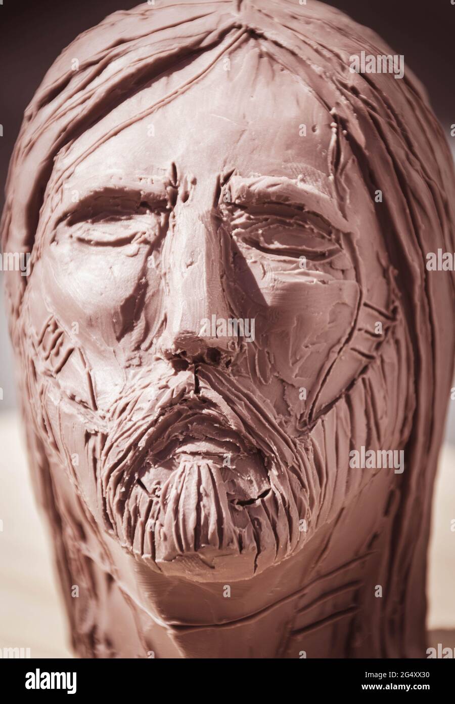 Fotografia di Gesù Cristo faccia scultura in argilla Foto Stock