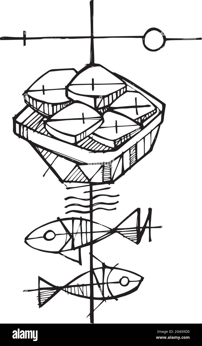 Illustrazione vettoriale disegnata a mano o disegno del simbolo cristiano di due pesci e cinque pani Illustrazione Vettoriale