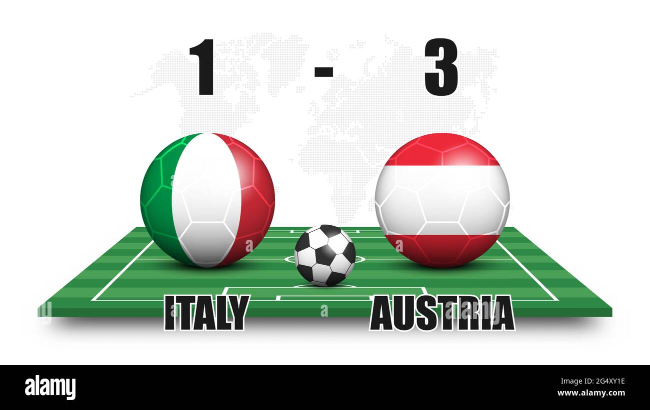 Italia contro Austria . Palla di calcio con bandiera nazionale modello sul  campo di calcio prospettiva . Sfondo mappa mondo punteggiato . Risultato e  scor della partita di calcio Immagine e Vettoriale - Alamy