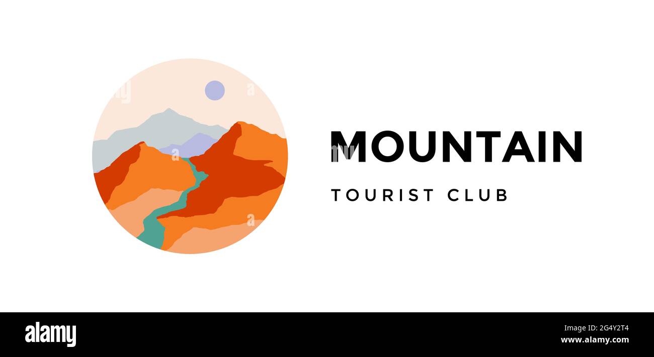 Logo, logotipo, segno. Montagna, club turistico. Logo con vista panoramica astratta su montagne, cielo e tramonto. Vista panoramica in stile minimalista, montagna, collina e sole. Stile astratto. Illustrazione vettoriale Illustrazione Vettoriale