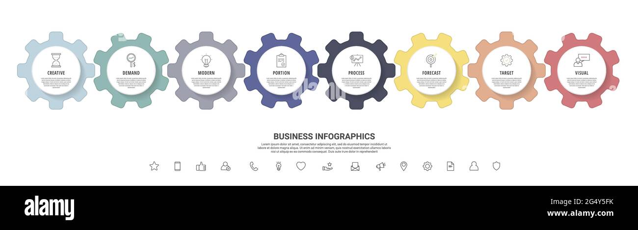 Ingranaggi infografici con otto fasi. Timeline vettoriale moderna con ruote dentate per concetto aziendale, grafico, diagramma, web, banner, presentazioni, diagramma di flusso, Illustrazione Vettoriale