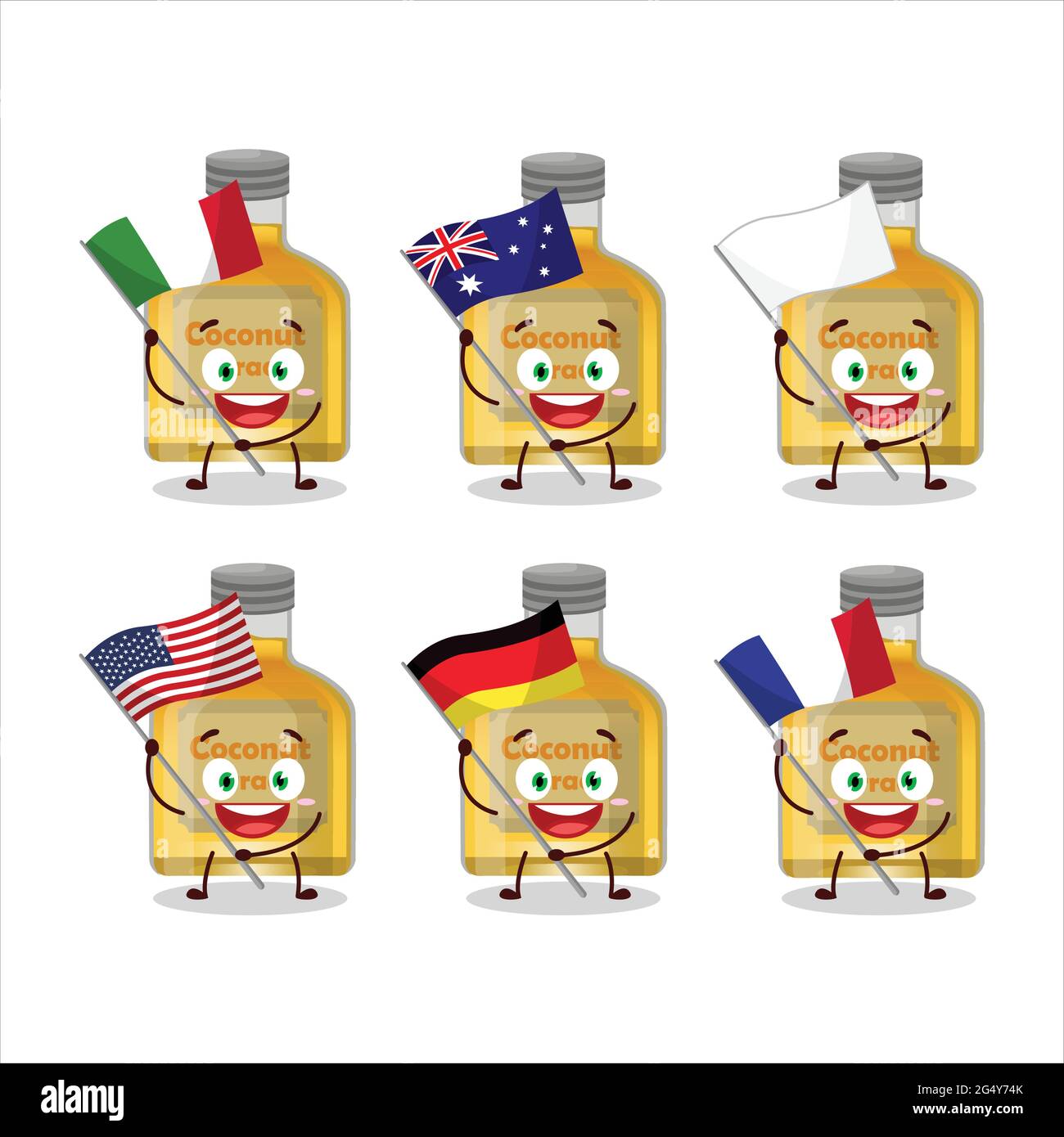 Il carattere di Cartoon arack di cocco portare le bandiere di vari paesi. Illustrazione vettoriale Illustrazione Vettoriale