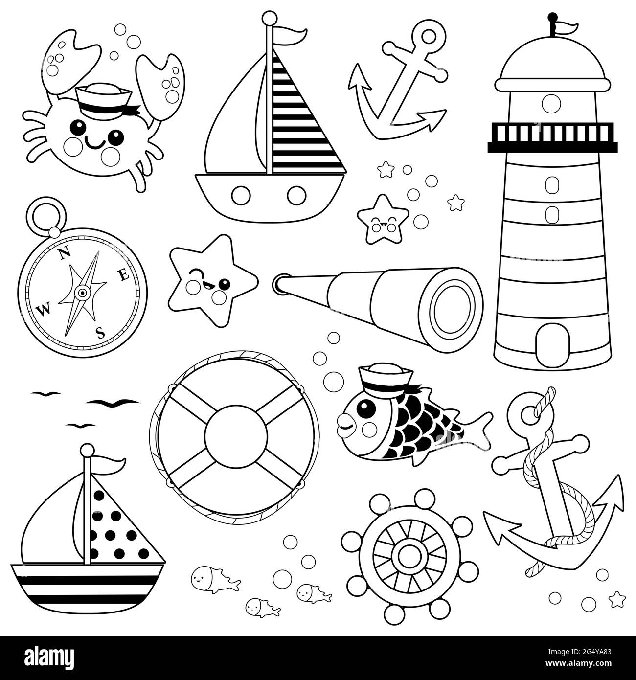 Set di illustrazioni nautiche e marinai. Pagina da colorare in bianco e nero Foto Stock