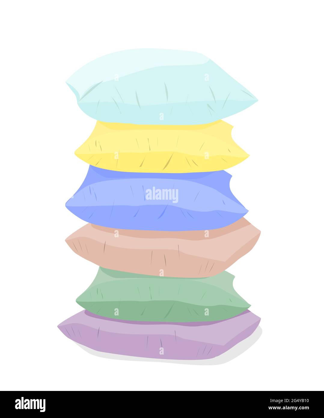 una pila di sei cuscini multicolore in colori pastello su sfondo bianco. Illustrazione Vettoriale