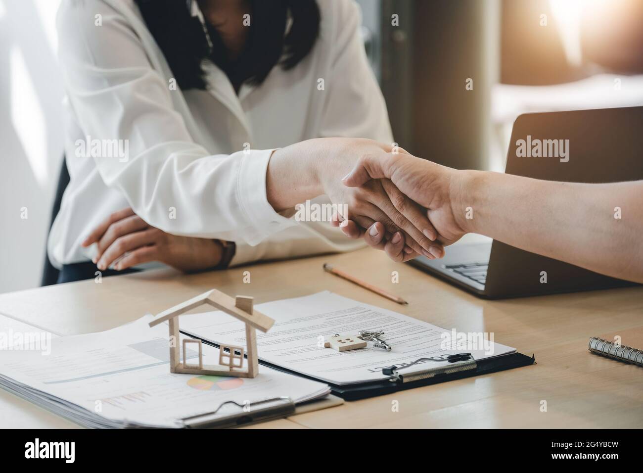 Agente immobiliare e cliente scuotendo le mani dopo contratto finito dopo circa assicurazione domestica e prestito di investimento. Foto Stock