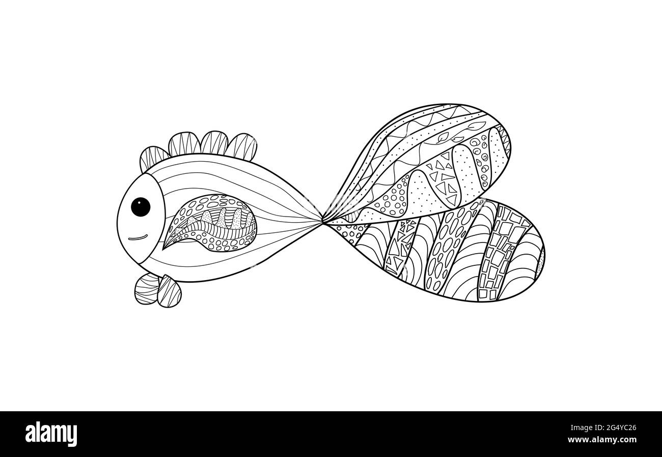 colorazione pagina di pesce carino con doodle modelli con una coda grande su uno sfondo bianco Illustrazione Vettoriale