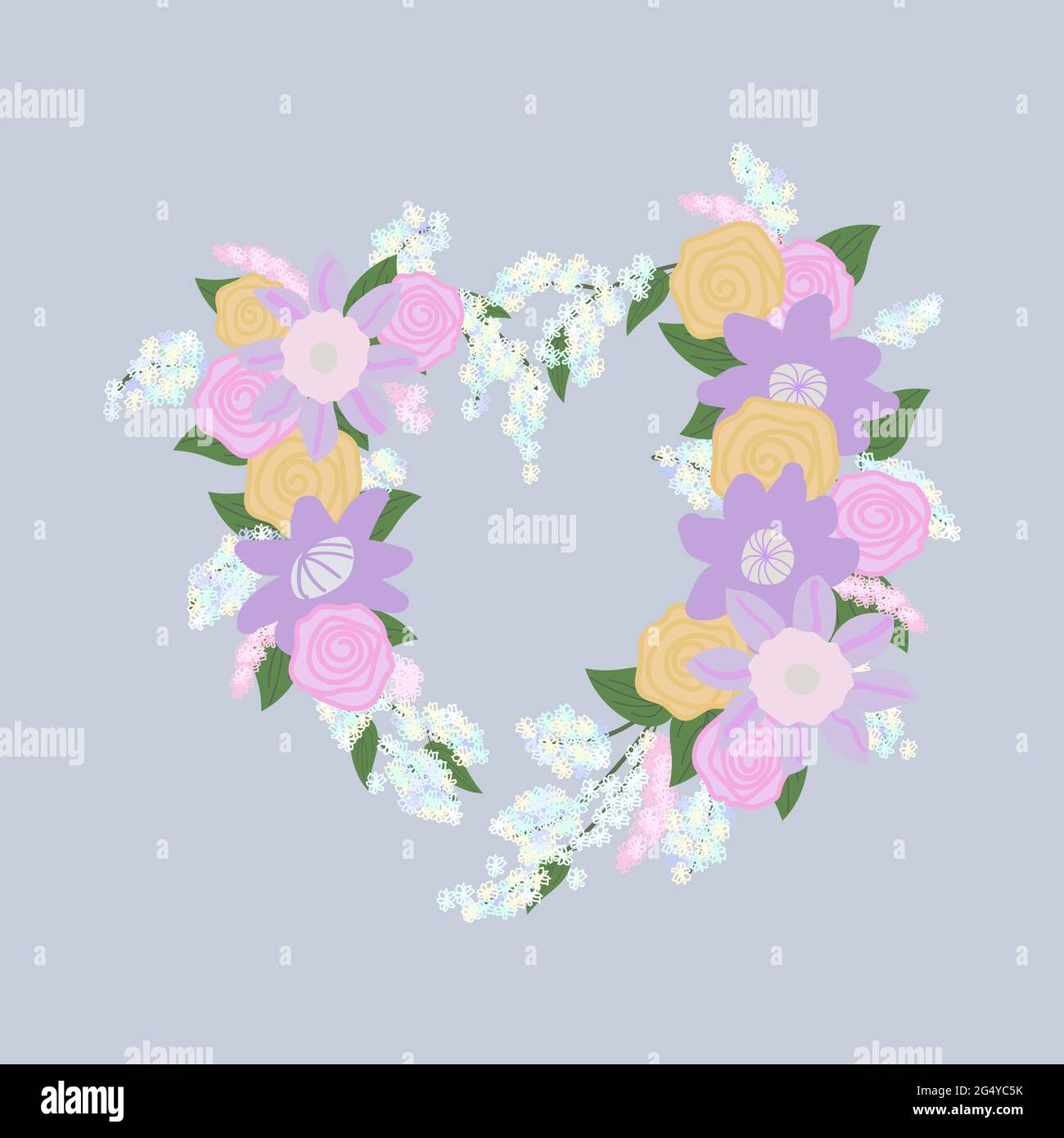 fiori di clematis rosa e viola, rose rosa e gialle e infiorescenze di fiori bianchi e rosa con foglie verdi sono disposti in un cuore s. Illustrazione Vettoriale
