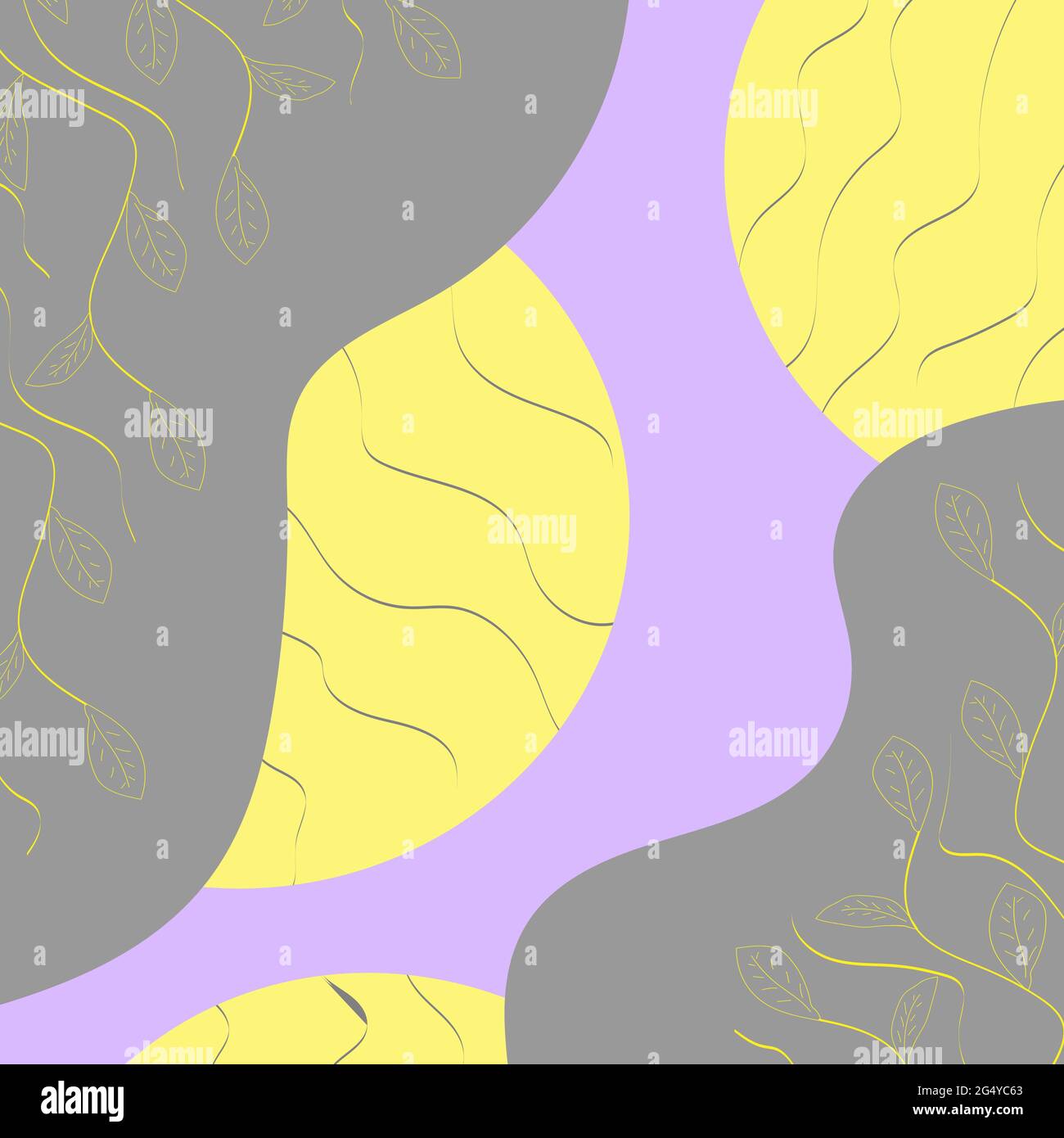sfondo astratto con elementi floreali. cerchi gialli con linee grigie ondulate, ramoscelli gialli su punti grigi su sfondo lilla Illustrazione Vettoriale