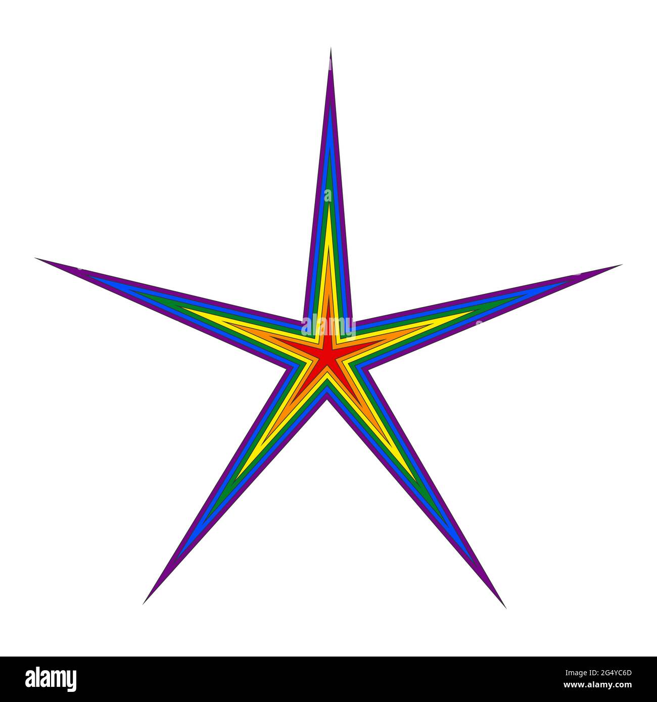 La stella a cinque punte è colorata in rosso, arancione, giallo, verde, blu e viola su sfondo bianco. Simbolismo LGBT. Illustrazione Vettoriale