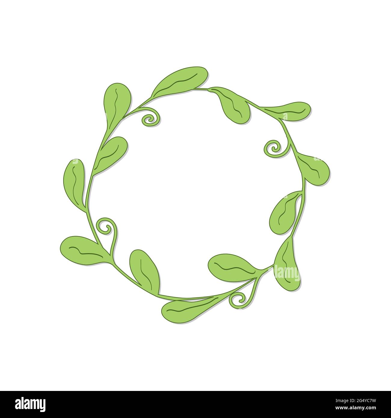 cornice rotonda disegnata con foglie ovali e ricci di colore verde chiaro con ombra su sfondo bianco Illustrazione Vettoriale