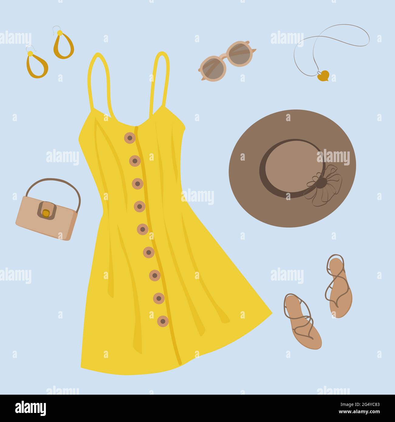 un insieme di vestiti estivi fatti da un tasto giallo-giù la terrina, un cappello di sole scuro tessuto, gli occhiali da sole, i sandali marroni, un paio di orecchini dorati e un cuore- Illustrazione Vettoriale