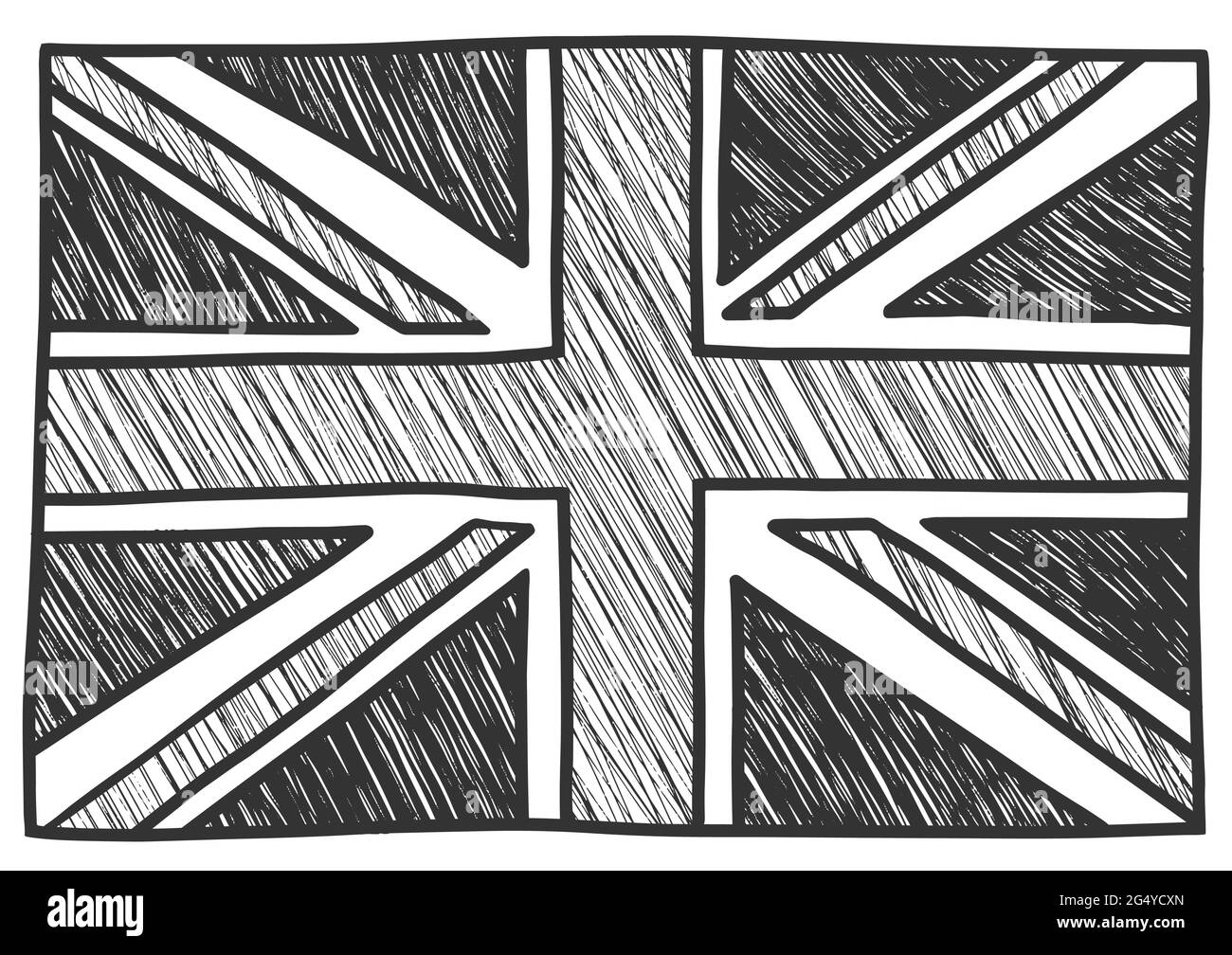 Schizzo della bandiera britannica tratteggio in bianco e nero. Disegno del Regno Unito. Illustrazione vettoriale Illustrazione Vettoriale