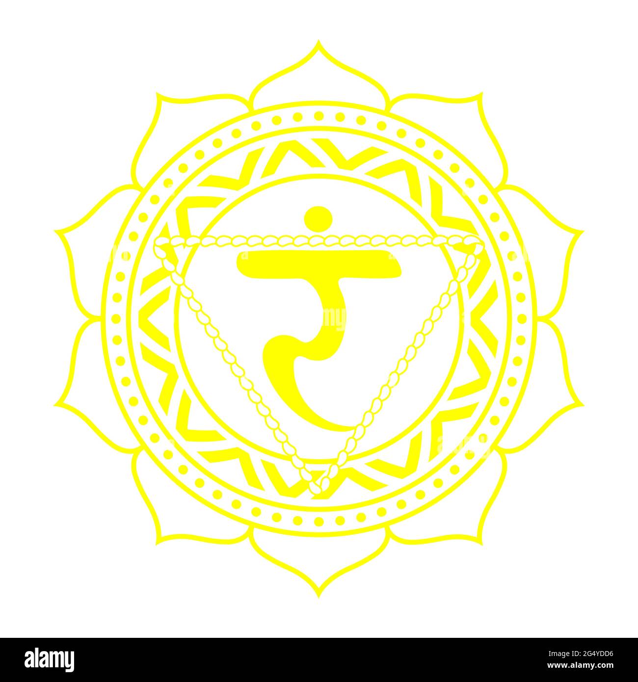 Il terzo chakra di Manipur. Solar Plexus Chakra con sanscrito indù. Il giallo è un simbolo piatto della meditazione, Yoga.Vector Illustrazione Vettoriale