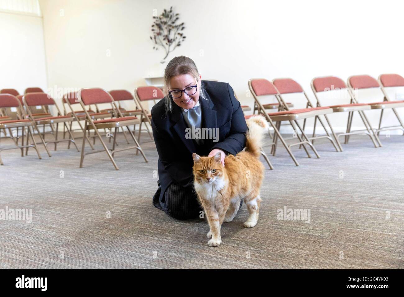 USO EDITORIALE SOLO Paddy, di proprietà di Christina Jones e Stuart Hague di Wirral, è stato nominato nella categoria 'Most Caring Cat' nel Cats Protection National Cat Awards di quest'anno, sponsorizzato da Purina, raffigurato con il direttore funerale Yvonne Parry al Mayfields Remembrance Park di Eastham. Data di emissione: Giovedì 24 giugno 2021. Foto Stock
