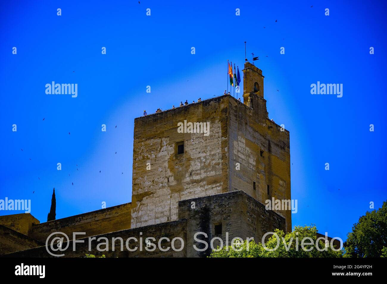 La Alhambra de Granada situada en la parte más occidental del cerro de Sabika, de planta trapezoidal algo errat, constituía la zona militar, Foto Stock