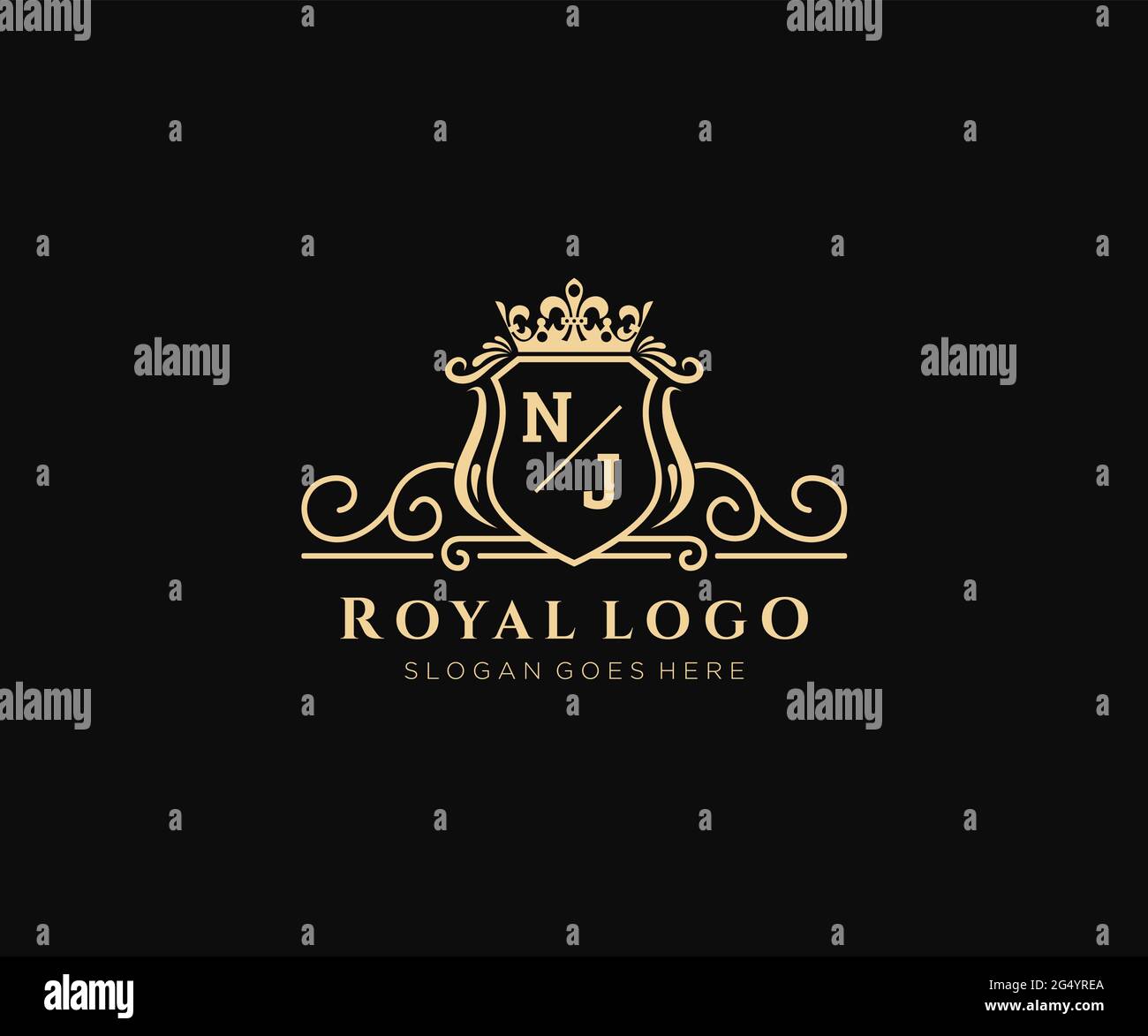 Modello con logo NJ Letter Luxurious Brand, per ristoranti, Royalty, Boutique, Cafe, Hotel, Araldico, Gioielli, Moda e altre illustrazioni vettoriali. Illustrazione Vettoriale