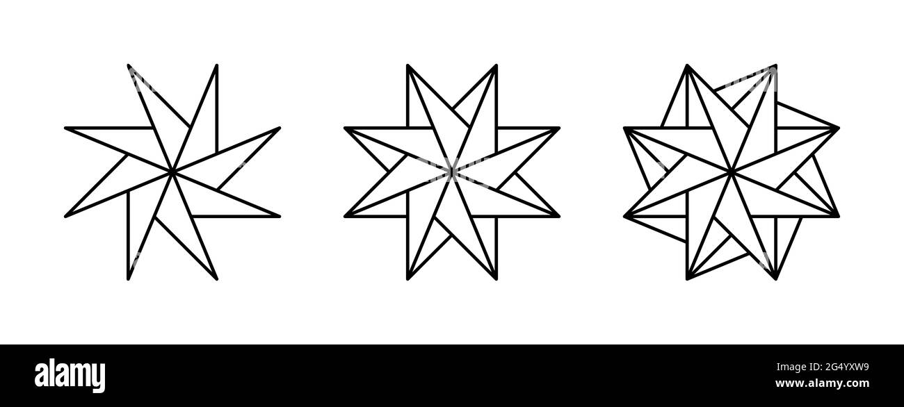 Tre stelle a forma di pinwheel a otto punte. Motivi geometrici che creano l'impressione di una rotazione attraverso la disposizione simmetrica delle linee. Foto Stock