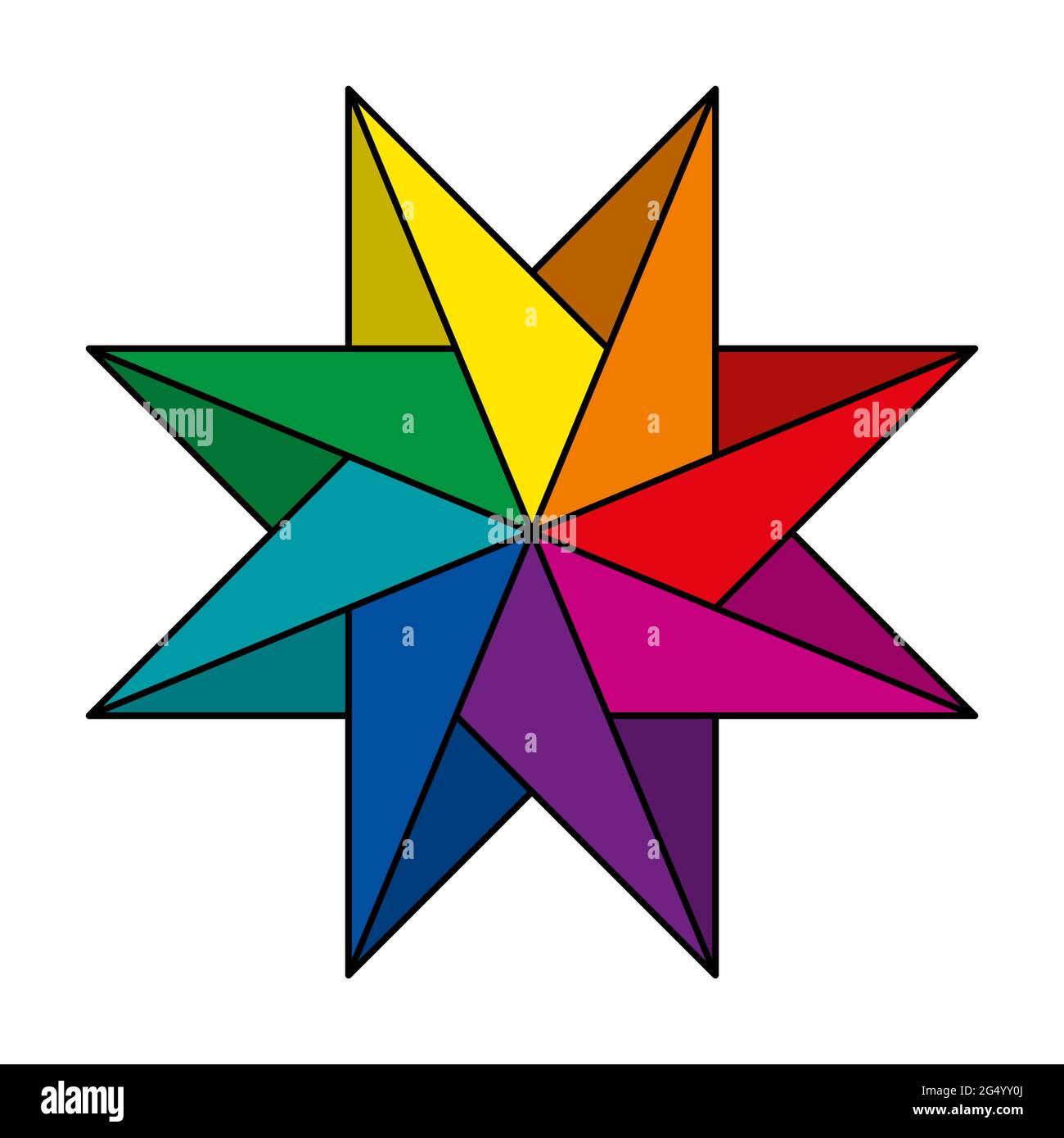 Stella a otto punte di colore arcobaleno e a forma di pinwheel. Figura geometrica, che crea l'impressione di rotazione, simile ai ricci di una ruota che gira. Foto Stock