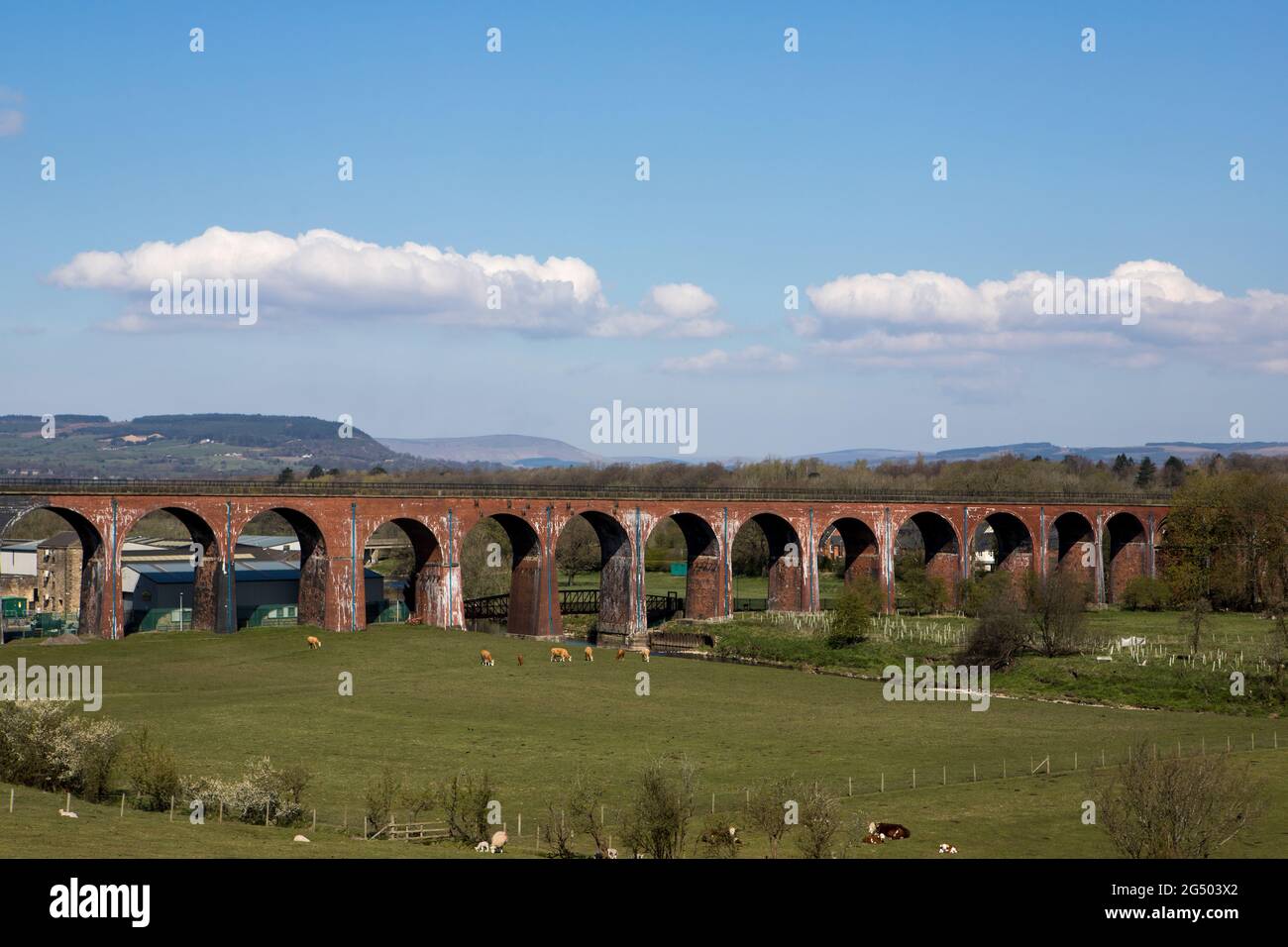 Archi di Whalley. Viadotto ferroviario in mattoni rossi nella valle del ribble. Panorama ferroviario del Regno Unito Foto Stock