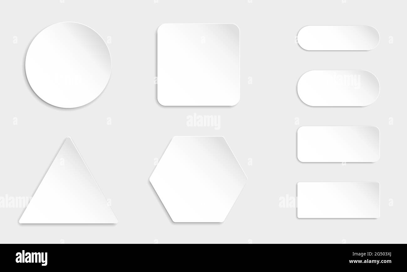Set vettoriale bianco 3d a forma di quadrato vuoto e pulsante arrotondato. Illustrazione Vettoriale