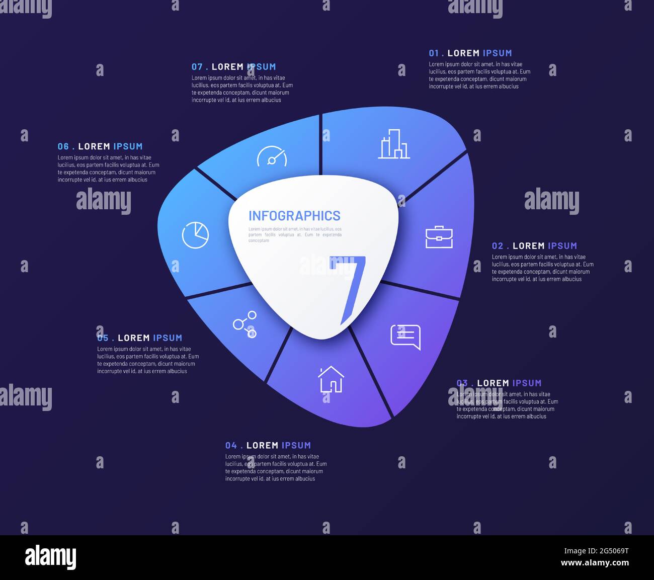 Modello infografico circolare vettoriale sotto forma di forma astratta diviso per sette parti Illustrazione Vettoriale