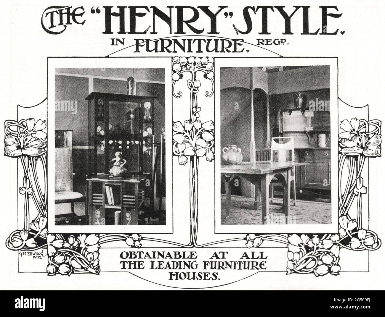"Lo stile ‘Henry’ nel mobile – ottenibile presso tutte le principali case mobili". Un annuncio del 1902 per una società che produce mobili decorativi nello stile Arte & Artigianato. Art Nouveau design di G.M. Ellwood. Foto Stock
