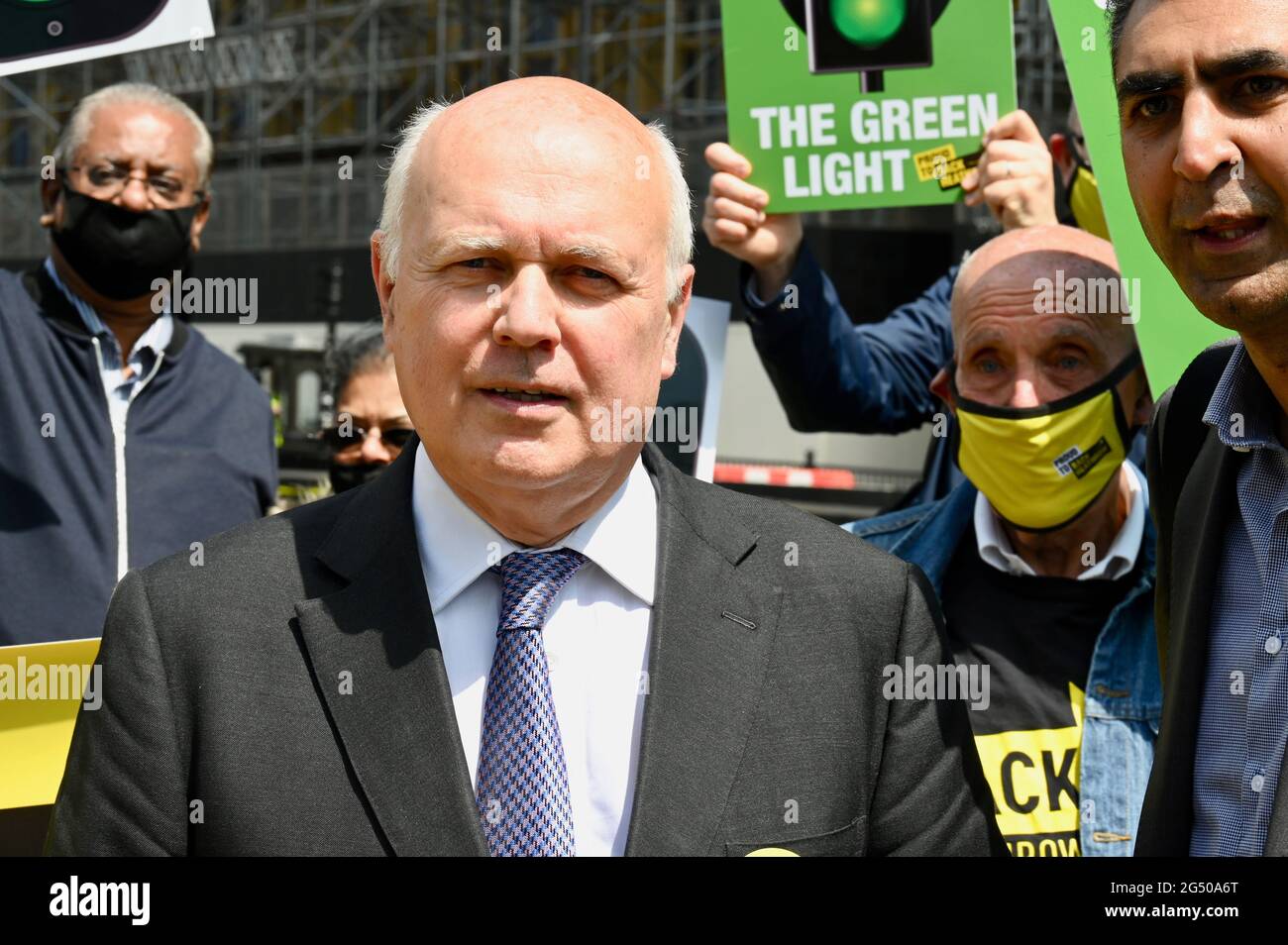 Iain Duncan Smith, Travel Day of Action, College Green, Houses of Parliament, Westminster, Londra. REGNO UNITO Foto Stock
