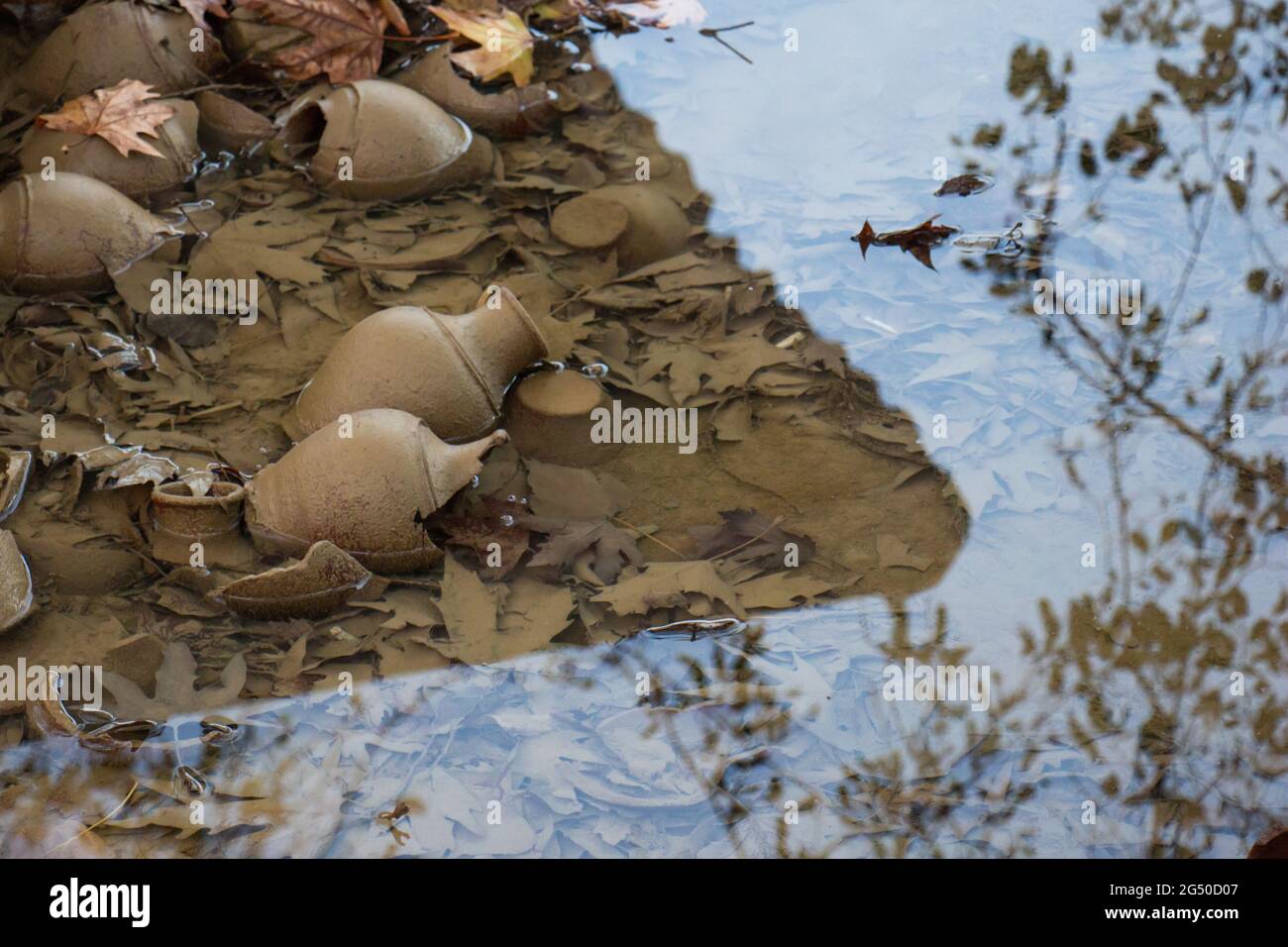 Vecchie pentole rotte in acqua, il riflesso di rami di albero in acqua. Foto Stock