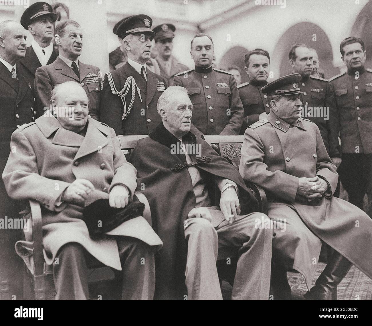 Foto archivistica della Conferenza di Crimea. Il primo ministro Winston Churchill, il presidente Franklin D. Roosevelt e il maresciallo Joseph Stalin nel palazzo di Ya Foto Stock