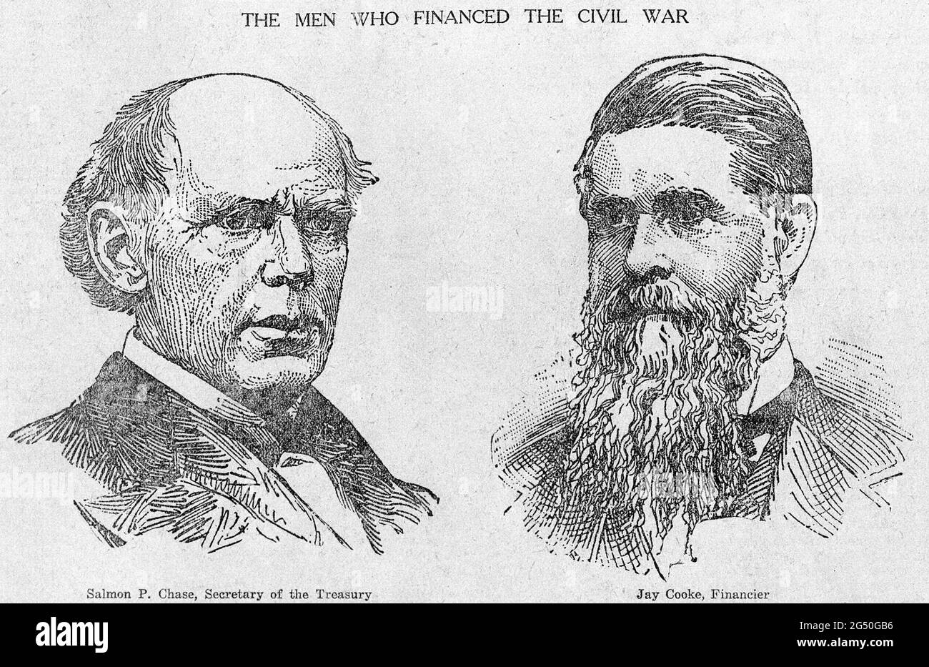 Incisione di due uomini che hanno finanziato la guerra civile americana. STATI UNITI. Salmone del XIX secolo P. Chase, Segretario del Tesoro (sinistra) e Jay Cooke, Financie Foto Stock