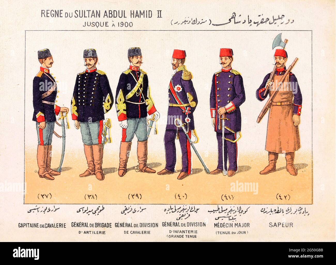 Storia illustrata dell'esercito turco (Impero Ottomano). Il sultano Abdul Hamid II periodo (regno: 1876-1909). Da sinistra a destra: Cavalry capinaine. Generale Foto Stock